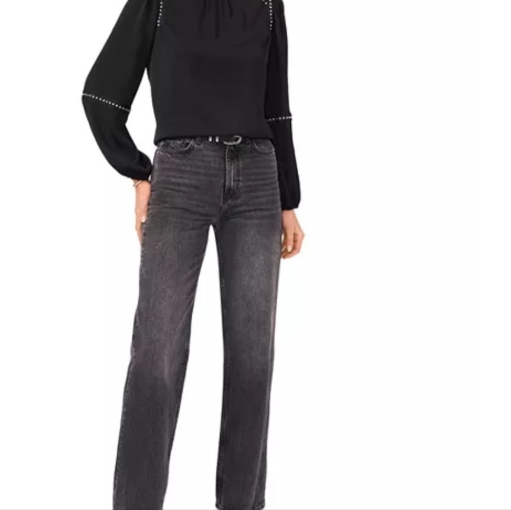 Vince Camuto Black Studded Embellished Blouse Long Sleeve Silver Detail  Sz:Med - Picture 2 of 12